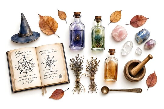 Watercolor flat lay witch spell book and magic potion bottles for spooky autumn design asset