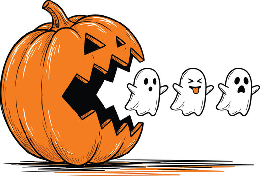 Jack-o'-lantern with gaping mouth chasing three cartoon ghosts halloween pumpkin