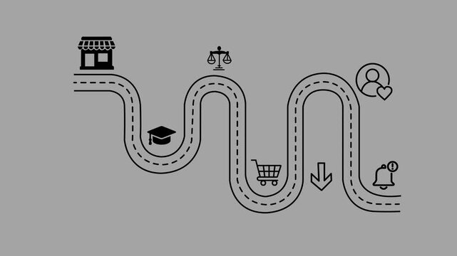 Digital ecommerce customer journey path shown as shopper moves through online buying stages smoothly sliver background.