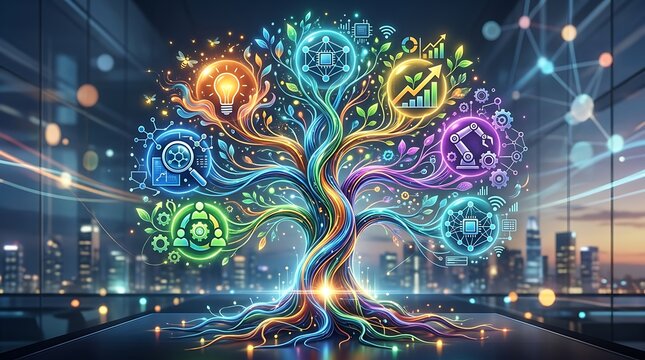 Glowing tree of innovation with digital technology icons