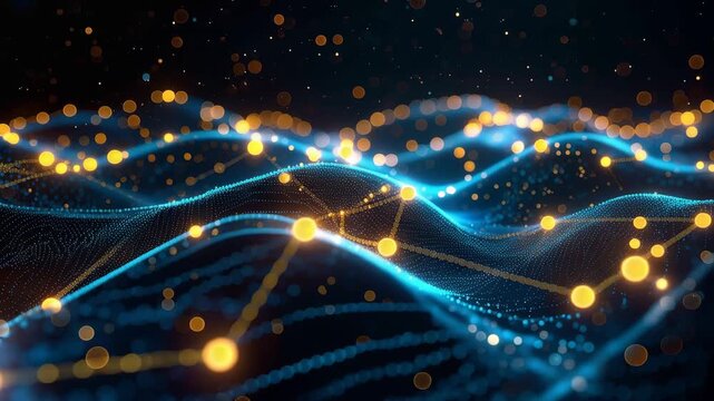 Abstract Network Energy: A luminous visualization of interconnected digital nodes, pulsing with blue and golden light, representing a dynamic network of data or energy flow.