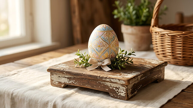 Easter egg on a wooden board with greenery and a basket nearby on a table indoors