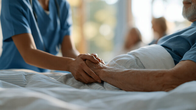 Hospice nurse holding the hand of an elderly patient near a sunlit window as family members watch quietly from across the room, compassionate end-of-life care, palliative