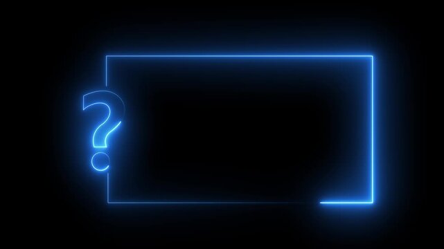 Blue Neon Question Mark and Rectangle Frame on Black Background light glow.
