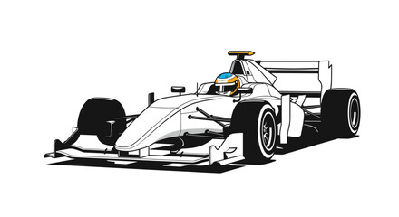 Obraz premium Professional white formula one racing car with a driver wearing a helmet speeding on a track during a high performance motor sport competition.