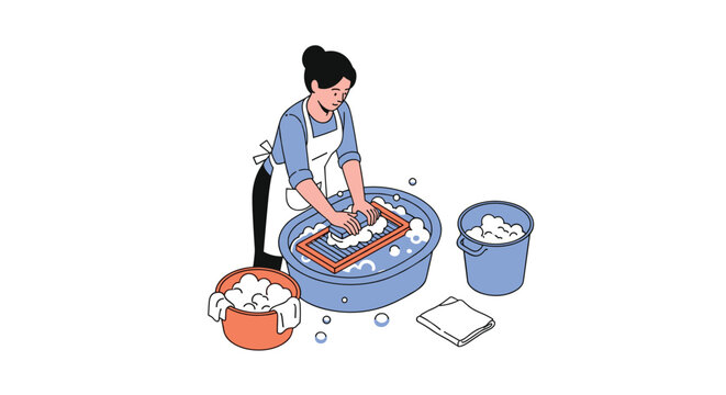 Illustration of a woman performing manual labor by washing laundry by hand using a wooden washboard and a tub of soapy water.