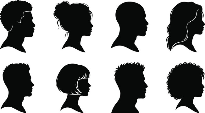 Set of black silhouettes featuring diverse side profile human avatars, user head portraits, and various trendy hairstyles
