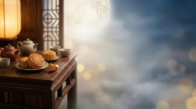 Traditional mooncakes and tea set on wooden table under full moon night