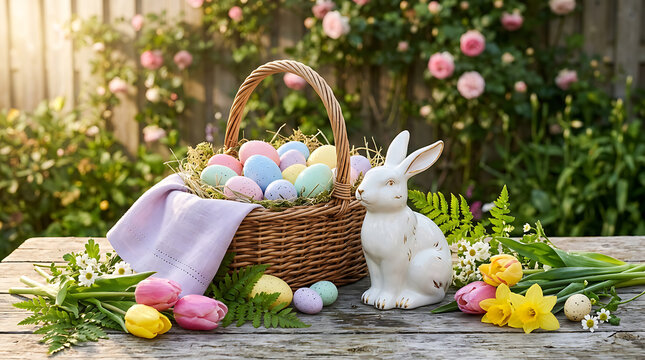 Easter bunny sits beside a basket of colorful eggs on a garden table surrounded by flowers.