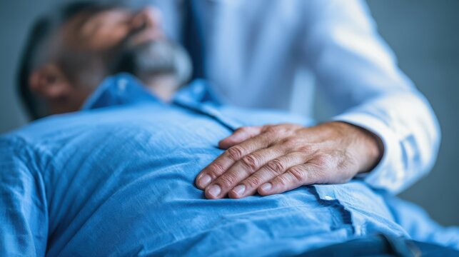 A man lies down with a hand on his stomach, possibly indicating discomfort or pain while resting.