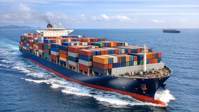 A massive container ship sailing through the sea with clear blue sky and horizon in background.