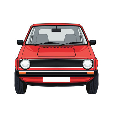 Front view of a classic red retro hatchback car, Mk1 vintage model vector illustration isolated on white background