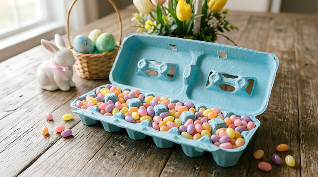 Colorful Easter eggs spill out of an open carton on a wooden table next to a basket and bunny