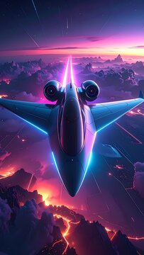 Futuristic Airplane Soaring Through Sunset Sky.