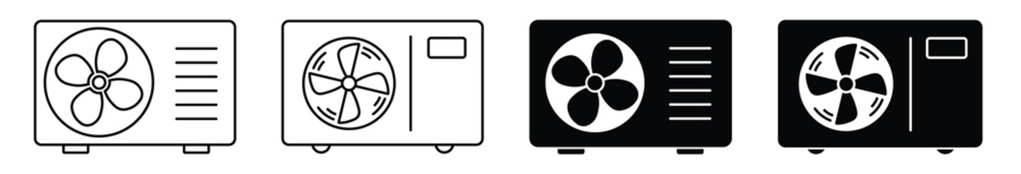 Portable air conditioner icon set with four style variations in black and white for home cooling