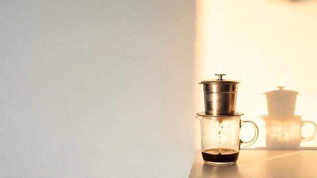 Vietnamese drip coffee filter on glass cup casting shadow on wall