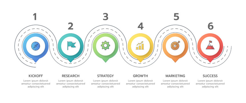 Modern flat vector infographic, business roadmap with 6 milestone with rainbow gradient map pins and outlined icons for each stage. Editable template for corporate presentations and project planning.