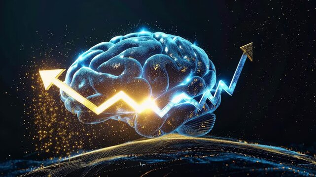 Brain Growth and Insight: A luminous, abstract representation of a human brain pulsates with vibrant energy, accompanied by upward-trending arrows signifying growth, intelligence, and progress.