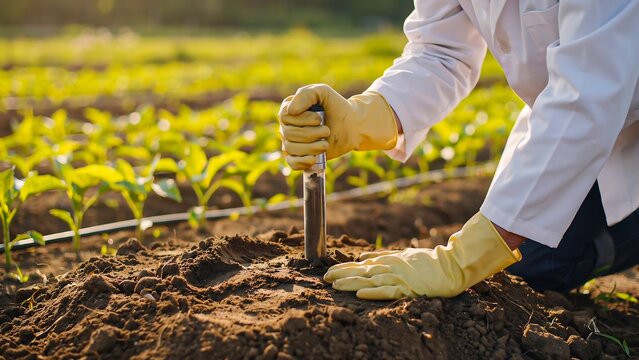 Scientist collecting soil sample in agricultural field for environmental research and sustainable farming