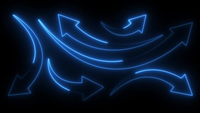 Curved arrow icons. Bold arrow symbol curved flat design isolated. Long curved blue arrow vector. Vector illustrator animation on black background.