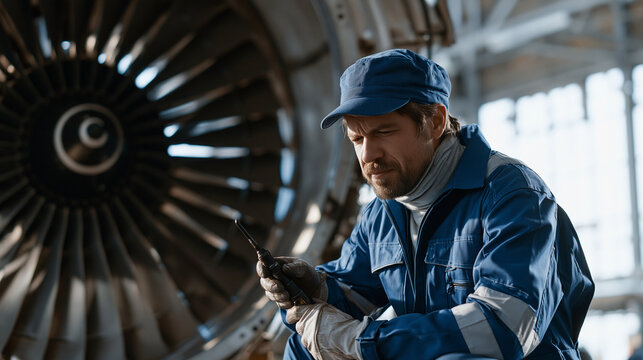 Aviation maintenance engineer inspecting turbine blades with a borescope tool inside a commercial engine nacelle in a large hangar, aerospace safety inspection, jet propulsion,