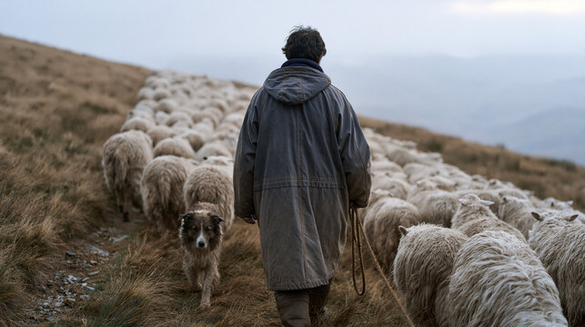 Scottish shepherd in a heavy oilskin jacket guiding a flock across a foggy hillside field with a border collie leading the way, pastoral livestock management, rural land