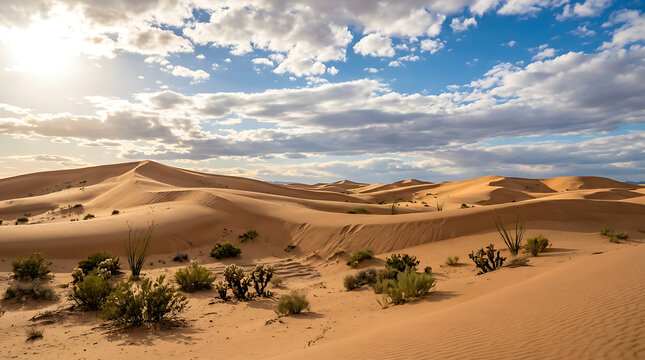 A serene desert landscape with sand dunes, shrubs, and a cloudy sky at sunrise