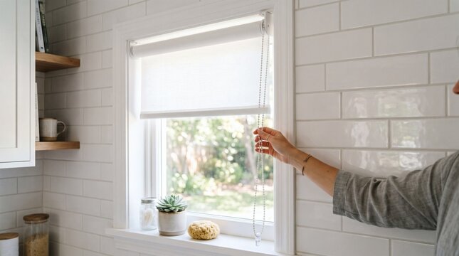 Person adjusting a white roller blind in a bright kitchen with subway tile backsplash.