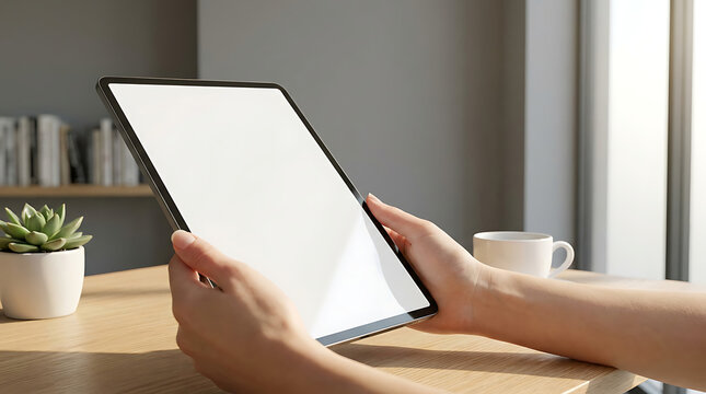 Person holding tablet on desk with coffee cup and plant nearby indoors