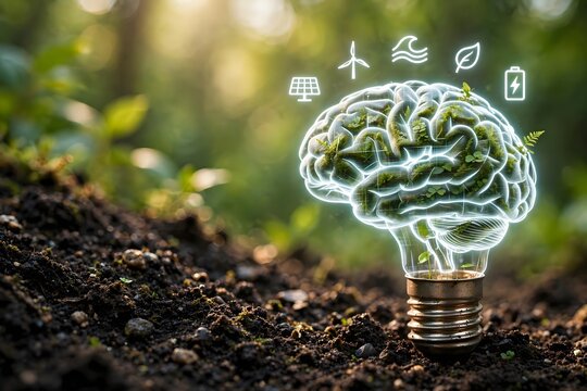 Glowing brain lightbulb growing in soil with renewable energy icons representing sustainable green technology and ecological innovation