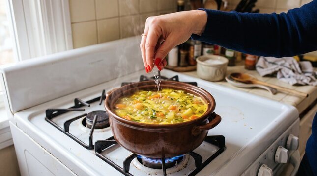Person seasoning a pot of food cooking on a gas stove in a kitchen.