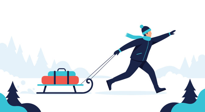 Man running in winter gear pulling a sled loaded with colorful luggage through a snowy mountain forest landscape.