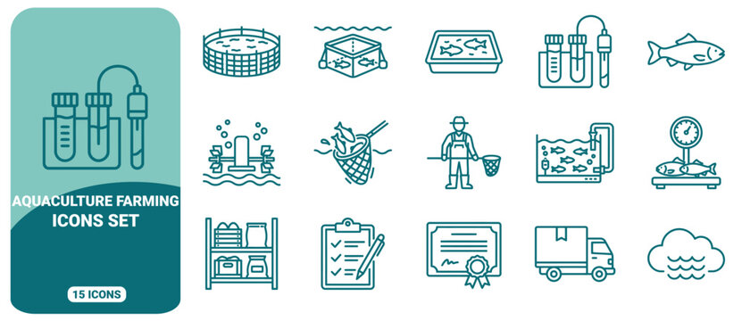 Aquaculture farming icon set featuring fish tanks, water testing equipment, fishermen, scales, delivery trucks, and certificates in teal line