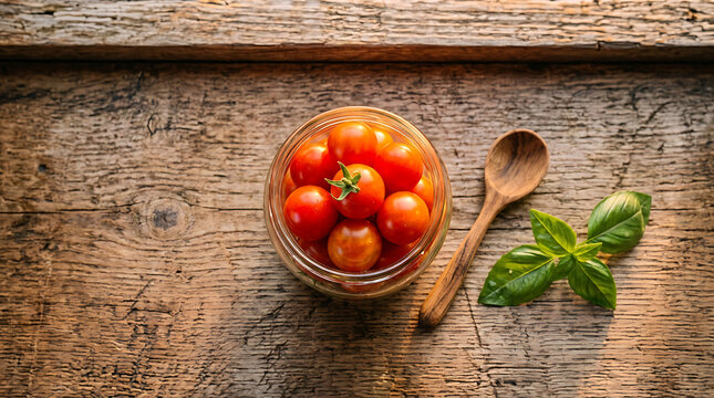 A glass jar filled with fresh tomatoes and herbs sits on a wooden table next to a spoon and basil leaves.