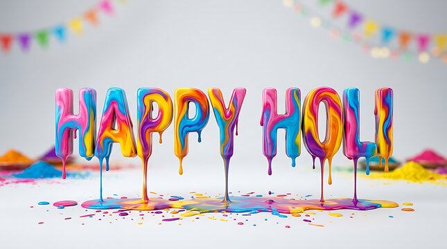 Vibrant Holi celebration with colorful powders and Happy Holi sign