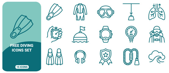 Free diving icons set, line of scuba gear, underwater equipment, fins, wetsuit, diving mask, pressure gauge, and buoy symbols © ico-vect