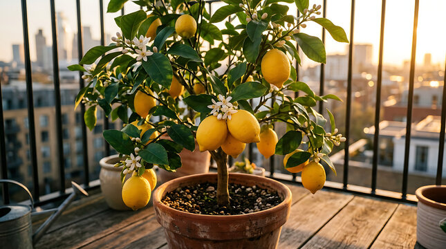 A potted lemon tree with yellow lemons and white flowers on a wooden balcony table overlooking a cityscape at sunset