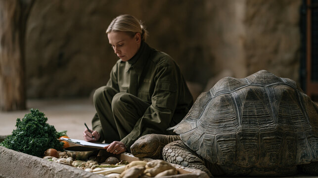 A zoo keeper in olive green uniform crouches beside a low feeding trough, carefully weighing produce portions for a large tortoise while making notes on a clipboard, enclosure