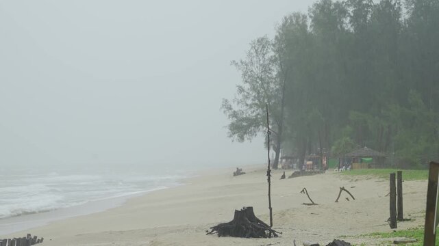 climate change concept view of heavy storm and wind blowing white sand beach with huge wave in sea hit the sand beach in daytime, storming weather landscape at beach