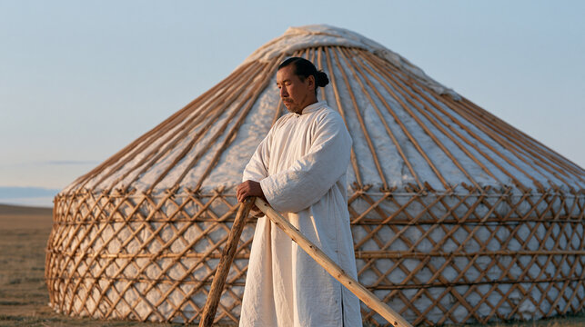 Mongolian herder assembling a traditional latticed felt dwelling on open steppe grassland, wooden poles locking into circular frame, nomadic architecture skill, portable housing