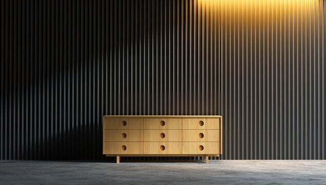 Minimalist wooden dresser with round pulls against textured dark wall