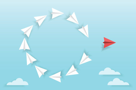 Red paper plane move out from circle white paper planes in the sky. Origami. Geometric shape symbol. business concept, leadership, success, teamwork mission , think different, vision, management
