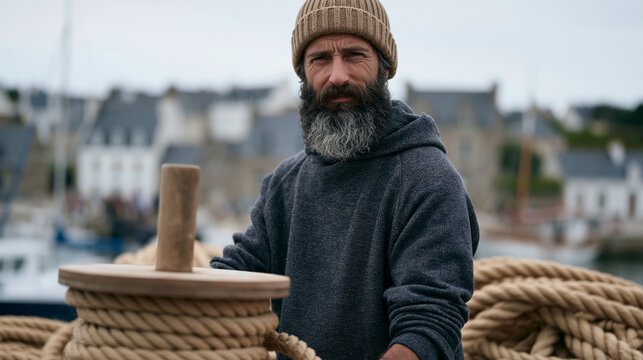 Tall bearded man with a rope-making spindle winding thick maritime cordage on a dock in a gray coastal town, traditional fiber craft, nautical supply trade, hand-twisted rope