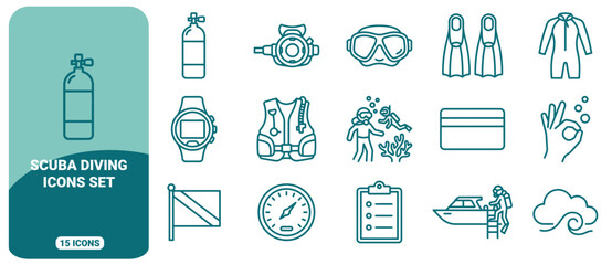 Scuba diving equipment icon set, featuring outline of oxygen tanks, fins, masks, wetsuits, dive computers, and underwater activities © ico-vect