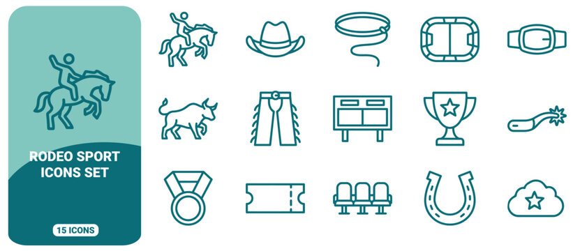 Rodeo sport icon set featuring cowboy hat, lasso, bucking horse, bull, chaps, trophy, medal, horseshoe, and stadium seating in teal line style