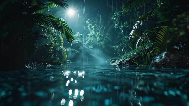 Dense, dark jungle scene with rain falling into a misty pool, reflecting light and foliage