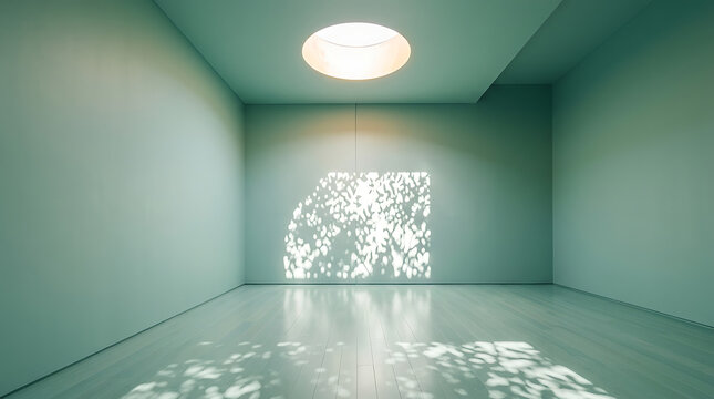 A serene room with a circular light on the ceiling shines on a wooden floor with a tree pattern on the wall.