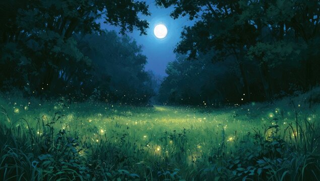 Enchanted moonlit meadow glows with fireflies