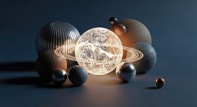 Abstract solar system model with textured spheres and rings.