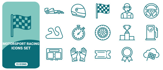 Obraz premium Set of 15 motorsport racing icons, including formula one car, checkered flag, racing helmet, stopwatch, trophy, steering wheel, and fuel pump